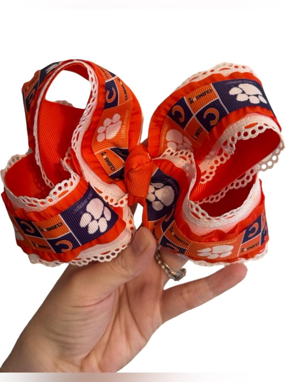Clemson Orange Purple Boutique Hair Bow White Scallop Trim 5.5” Alligator Clip